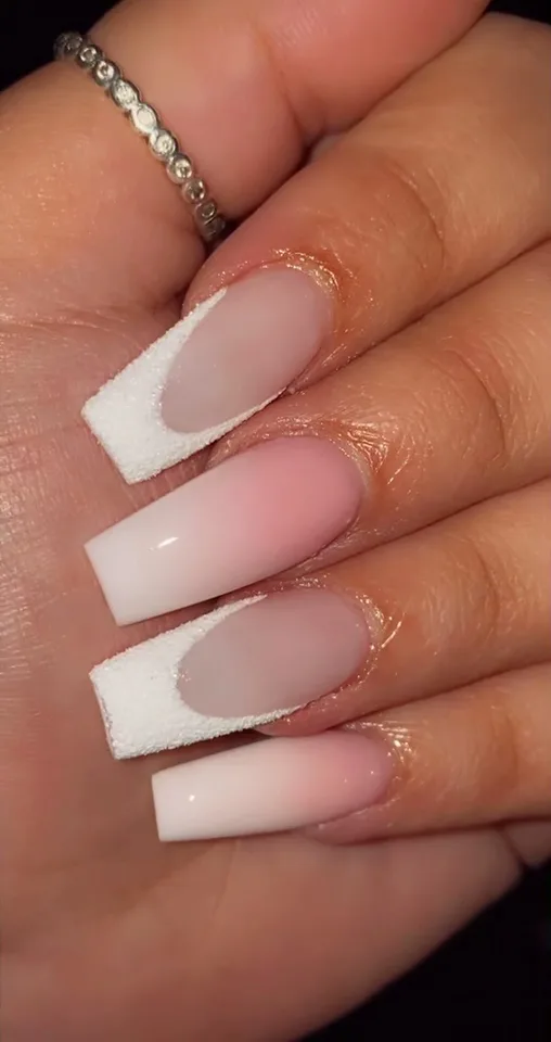 White velvet French-tip square nails, close macro