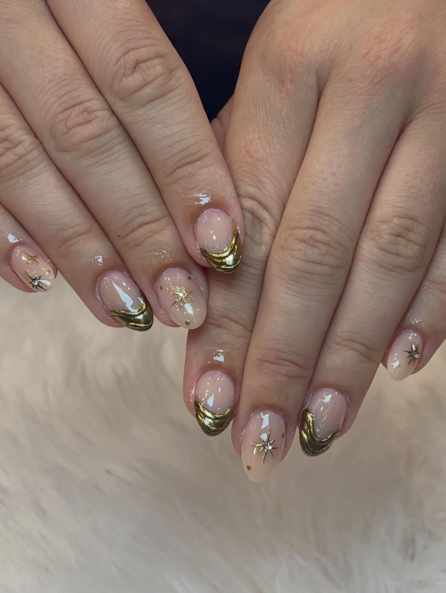 Amber and caramel ombre coffin nails with gold 3D flower art