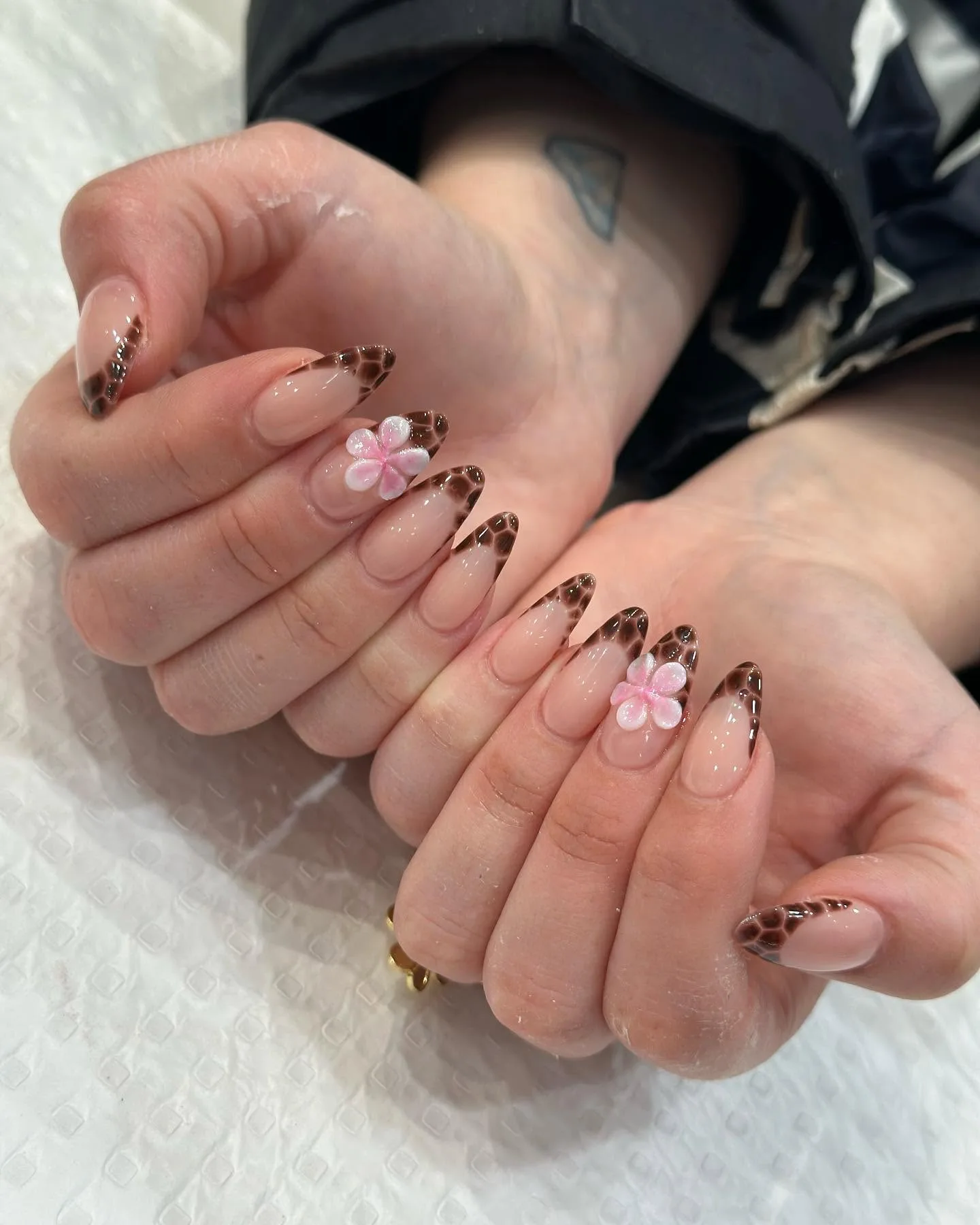 Brown French almonds with pink 3D plumeria flowers and gold ring